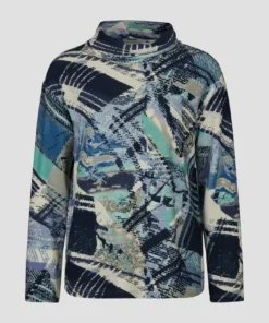 Barbara Lebek dames trui met ribbelstructuur en losse colkraag in blauw turquoise melange