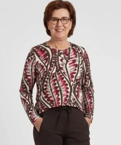 Barbara Lebek dames shirt met lange mouwen en bladmotief in dark berry en taupe model
