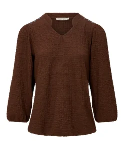 Dreamstar dames shirt Babs in bruine bubble-structuur met driekwart mouwen en V-hals