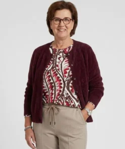 Barbara Lebek dames fluffy vest met knoopsluiting en ronde hals in de kleur berry bordeauxrood model