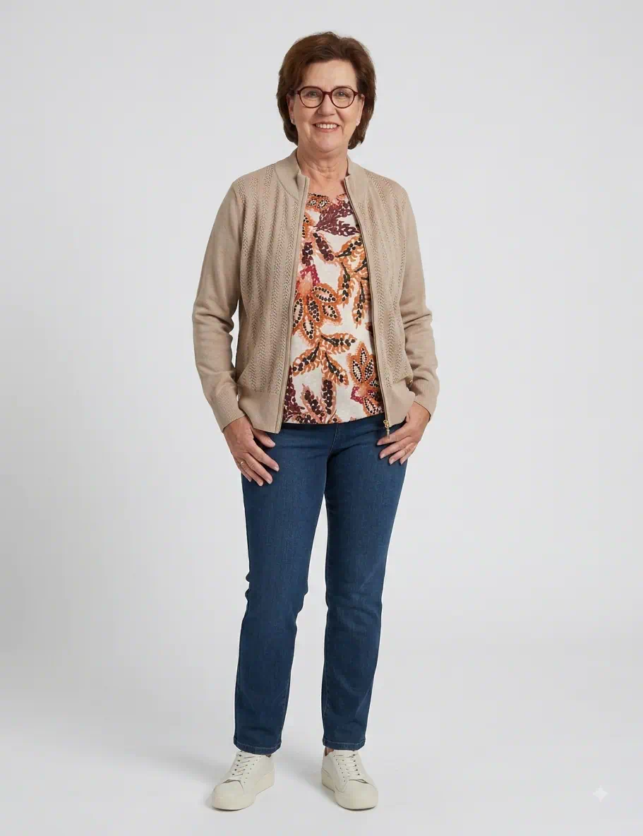 Micha dames vest met ajour motief en rits in het camel model2