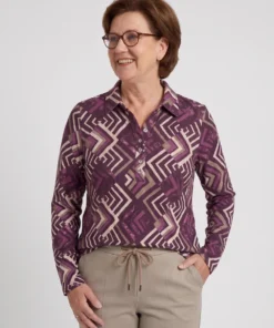 Sensia dames poloshirt Poppy met geometrisch dessin, fleecezachte stof en polokraag in paars taupe model