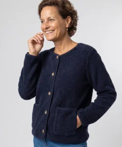 Soyaconcept dames teddy vest Onyx met knoopsluiting en opgestikte zakken in donkerblauw model