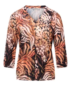 Dreamstar dames shirt Ploom met terracotta print, V-hals, driekwart mouwen en elastische zoom