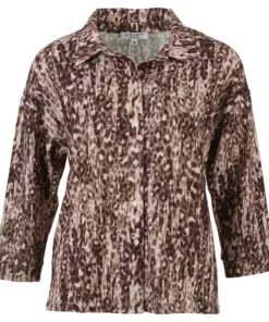 Enjoy dames blouse met luipaardprint in paars en zandtinten, doorknoopsluiting en driekwartmouwen