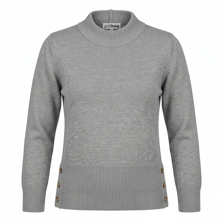 Golléhaug dames trui fijngebreid in lichtgrijs met geribde turtleneck en knoopjes aan de heupboord