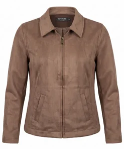 Signature dames tussenjas van zachte suèdine in taupe met kraag en ritssluiting
