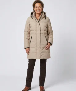 Blue Flame dames winterjas waterdicht in licht beige met afneembare capuchon, deelbare rits en waterdichte zakken