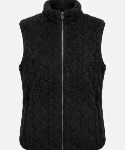 MXO dames teddy fleece bodywarmer in zwart met reliëf kabelpatroon, opstaande kraag en ritssluiting