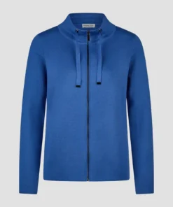 Barbara Lebek dames vest in azuurblauw fijnbreisel met ritssluiting en opstaande kraag met koordjes