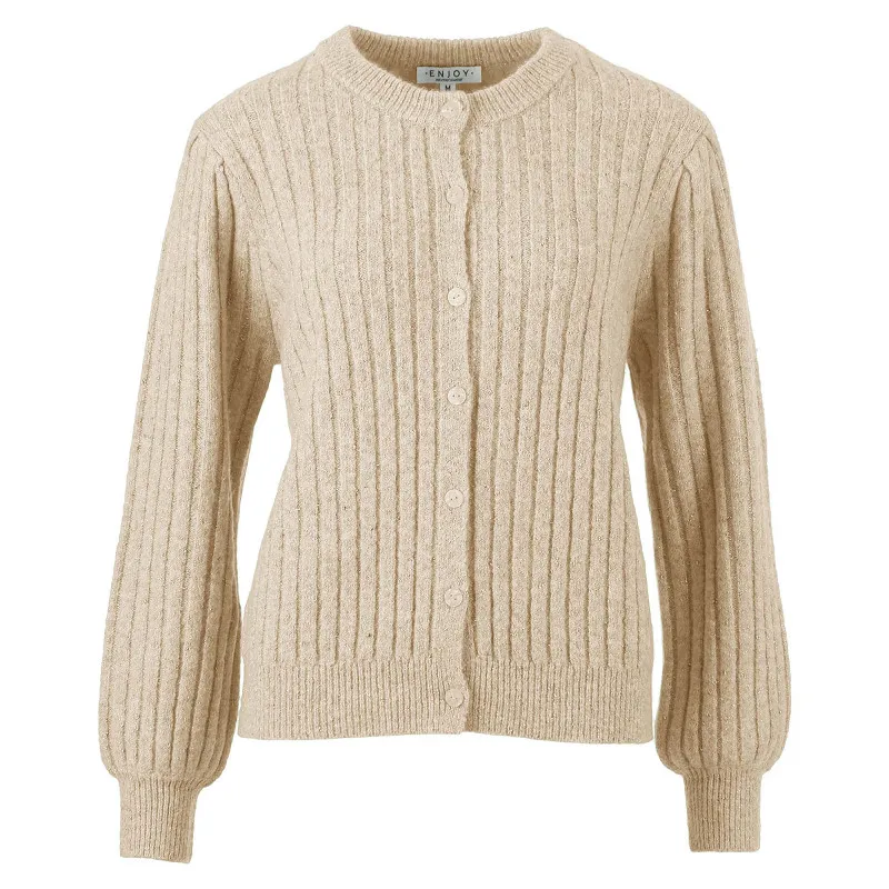 Enjoy dames vest in beige ribstructuur met subtiele pofmouwen, knoopsluiting en lurex glittergaren