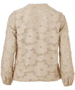 Enjoy dames blouse met lange mouwen en 3D bloemenstructuur in zand beige met elastische boord_achter