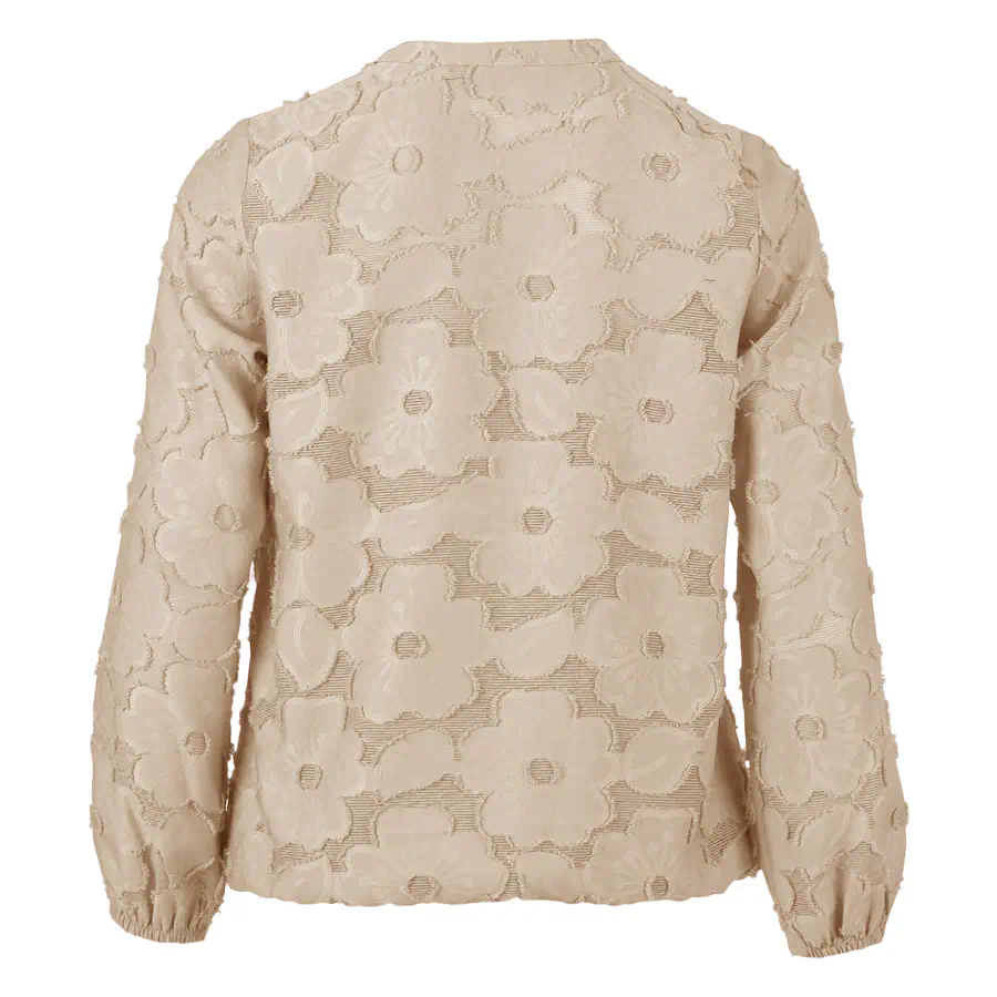 Enjoy dames blouse met lange mouwen en 3D bloemenstructuur in zand beige met elastische boord_achter