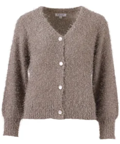 Enjoy dames vest harig gebreid in taupe met V-hals en knoopsluiting