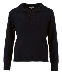 Enjoy dames gebreide trui met polokraag en V-hals van zacht donkerblauw bouclégaren