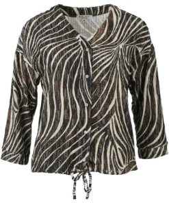 Enjoy dames doorknoop blouson met groen-witte zebraprint, V-hals en strikkoord in de zoom