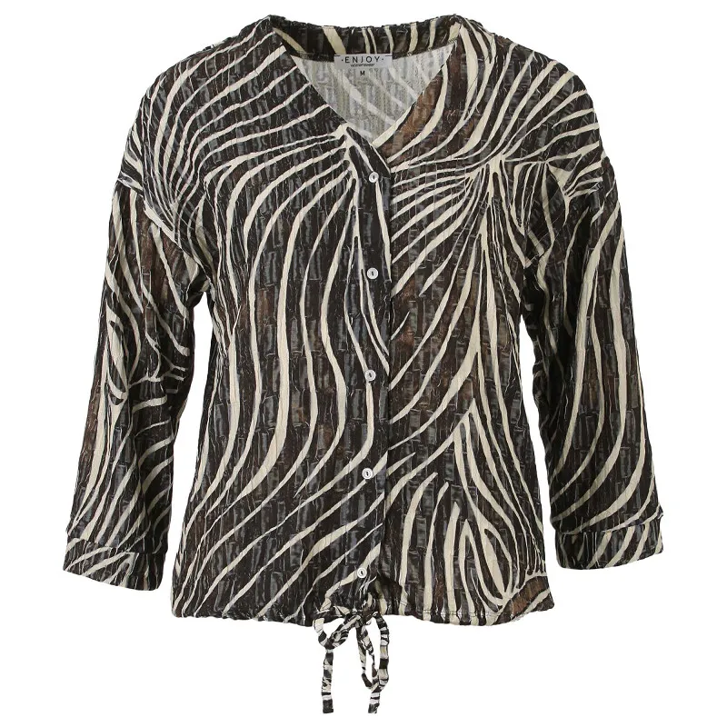 Enjoy dames doorknoop blouson met groen-witte zebraprint, V-hals en strikkoord in de zoom