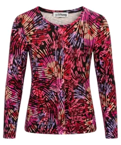 Golléhaug dames shirt met lange mouwen en grafisch waaierpatroon in fuchsia roze, paars en zwart met ronde hals