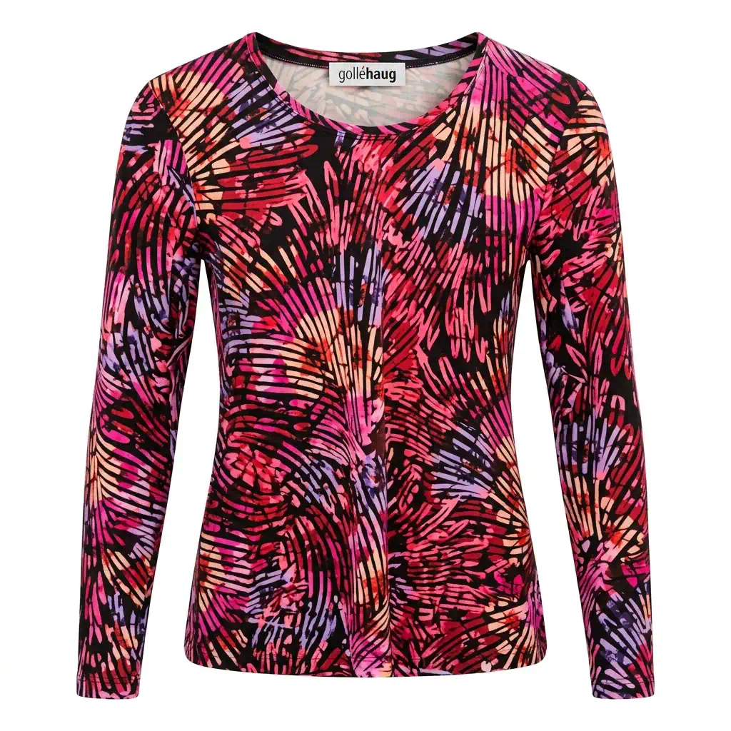 Golléhaug dames shirt met lange mouwen en grafisch waaierpatroon in fuchsia roze, paars en zwart met ronde hals