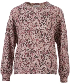 Enjoy dames sweater cosy in oudroze met panterdessin, ronde hals en ribboorden