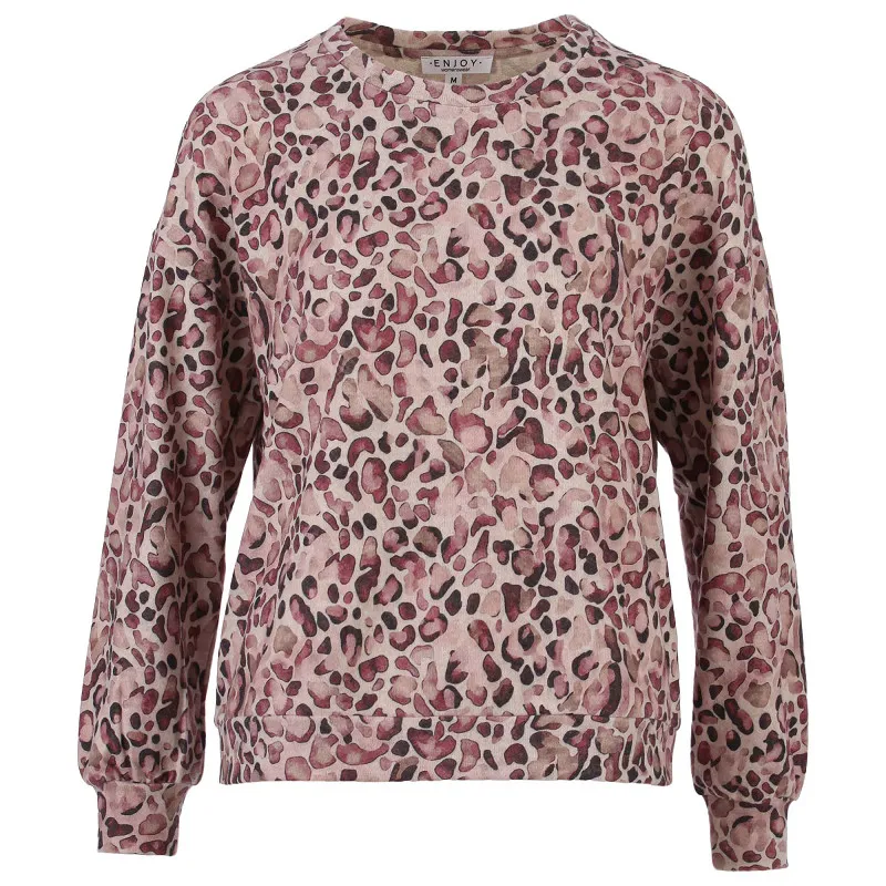 Enjoy dames sweater cosy in oudroze met panterdessin, ronde hals en ribboorden