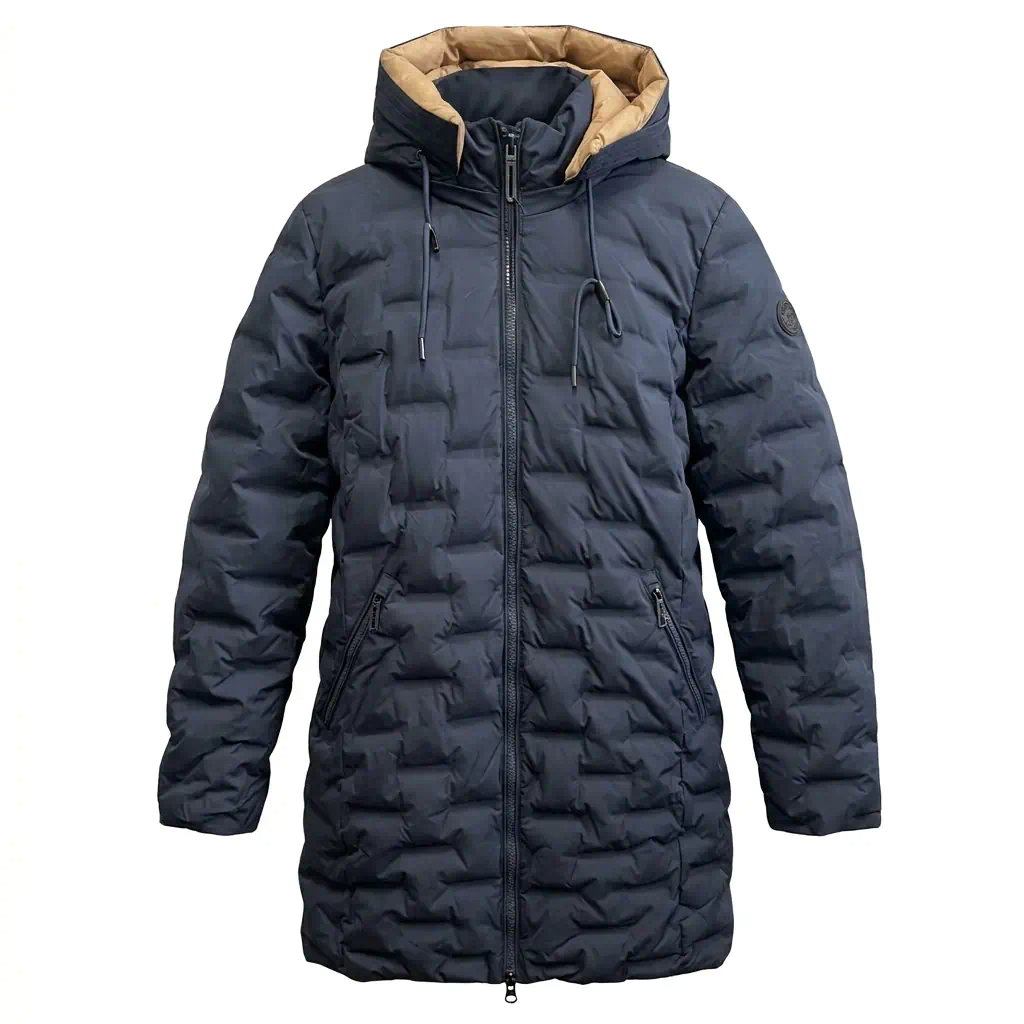 Blue Flame dames winterjas gewatteerd donkerblauw met afritsbare capuchon en tweewegritssluiting