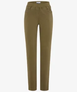 Raphaela by Brax dames five-pocket jeans model Pamina in olijfgroen met elastische tailleband en slanke pijpen