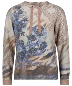 Betty Barclay dames trui fijngebreid met bloemenprint in beige en blauw voorzien van een aantrekkoord met glitter bij de hals