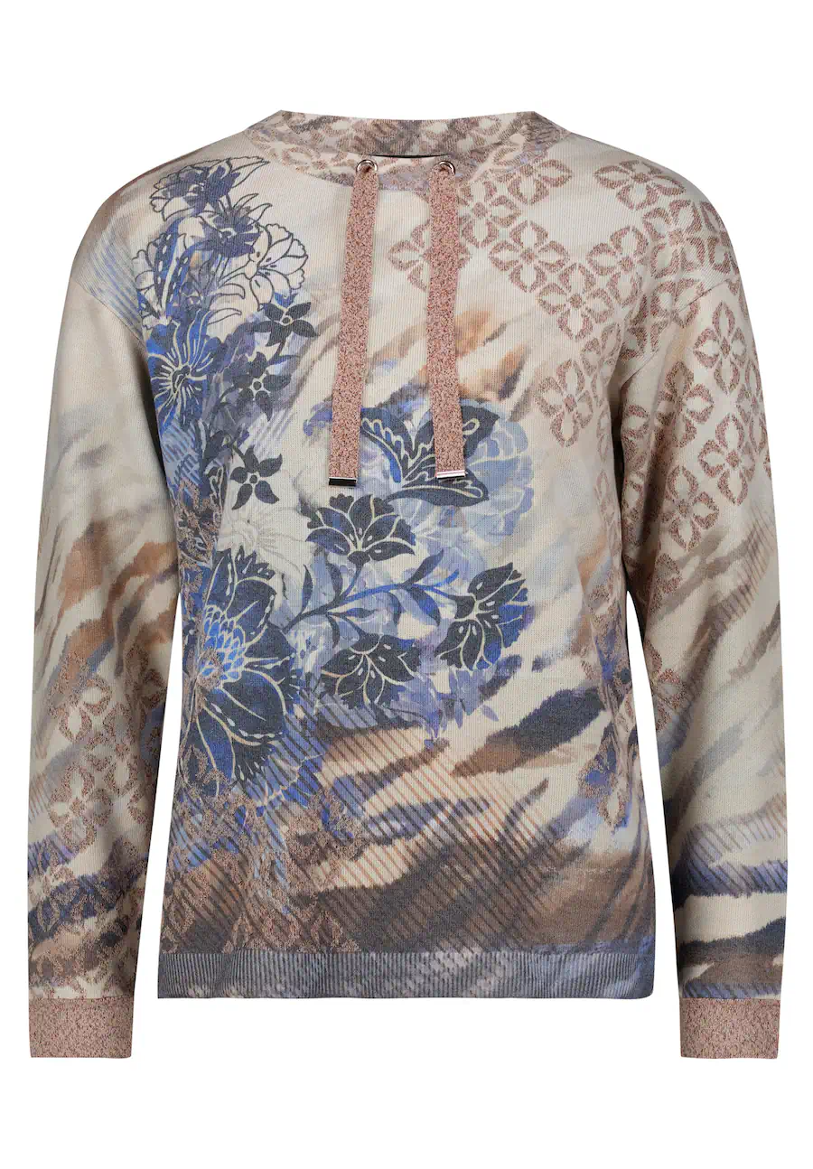 Betty Barclay dames trui fijngebreid met bloemenprint in beige en blauw voorzien van een aantrekkoord met glitter bij de hals