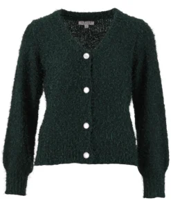 Enjoy dames vest harig gebreid in donkergroen met V-hals en lichte knopen op het voorpand