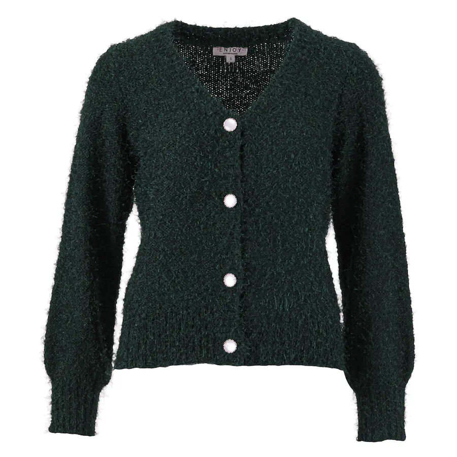 Enjoy dames vest harig gebreid in donkergroen met V-hals en lichte knopen op het voorpand