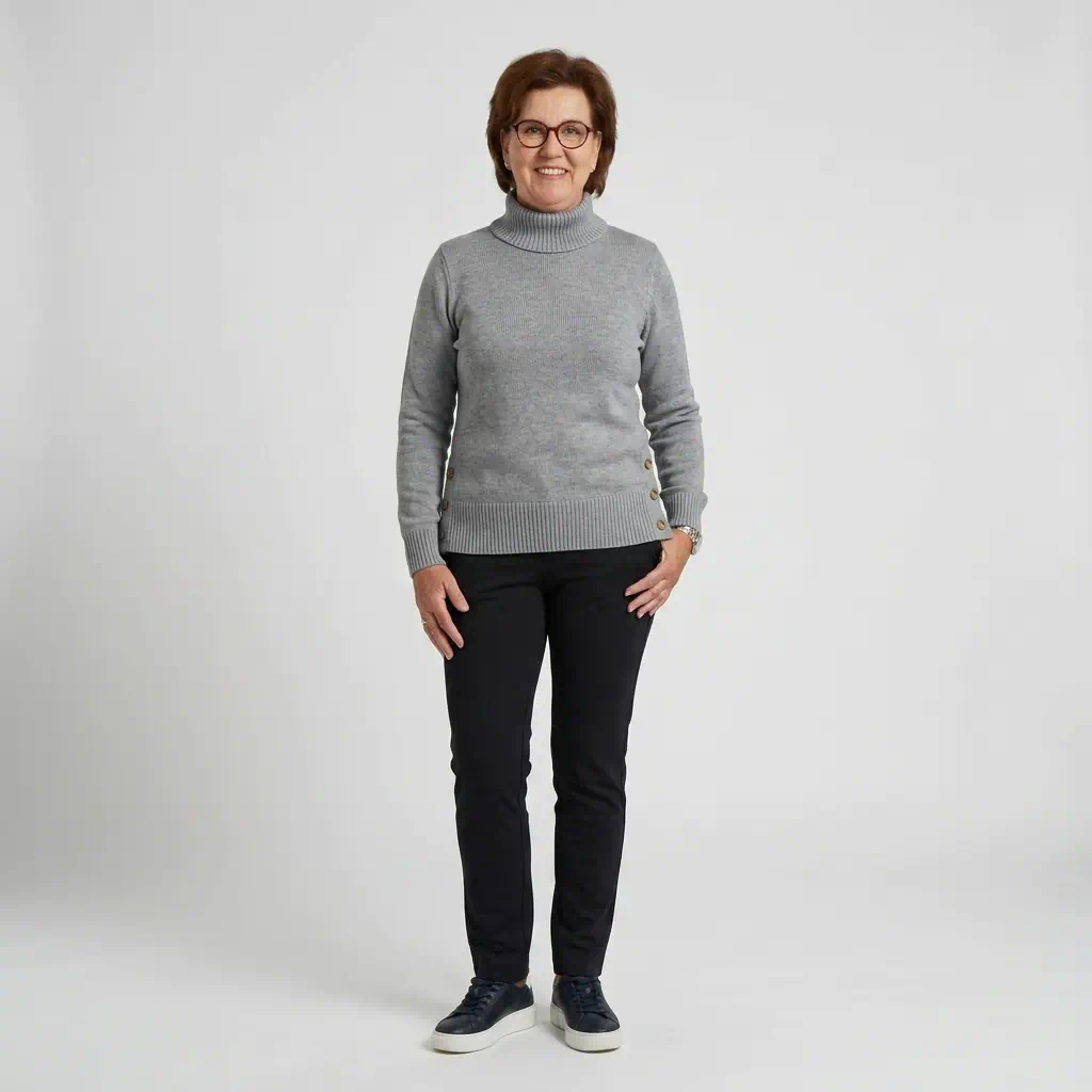 Golléhaug dames trui fijngebreid in lichtgrijs met geribde turtleneck en knoopjes aan de heupboord_model1