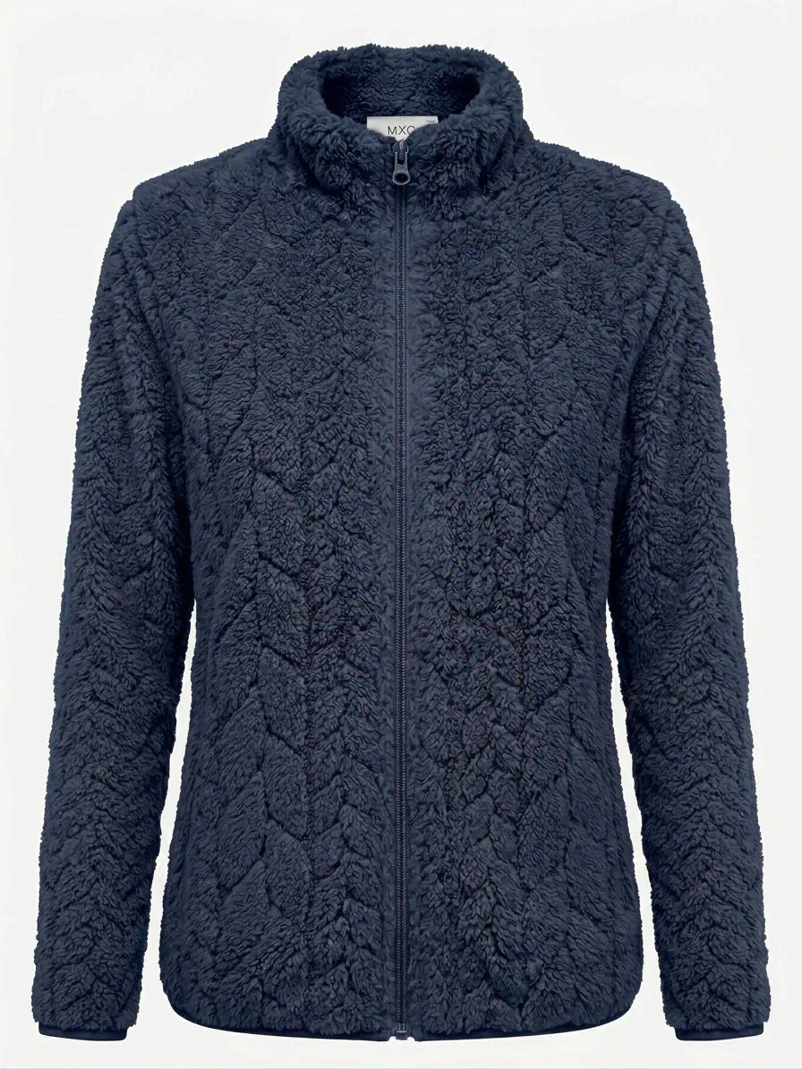 MXO dames teddy fleece vest in marineblauw met kabelreliëf structuur, opstaande kraag en ritssluiting