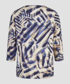 Barbara Lebek dames shirt met 3/4-mouw in blauw en zandkleurig penseelstreekdessin_achter