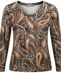 Golléhaug dames shirt met lange mouwen en paisleyprint in grijs beige en warme bruintinten met ronde hals