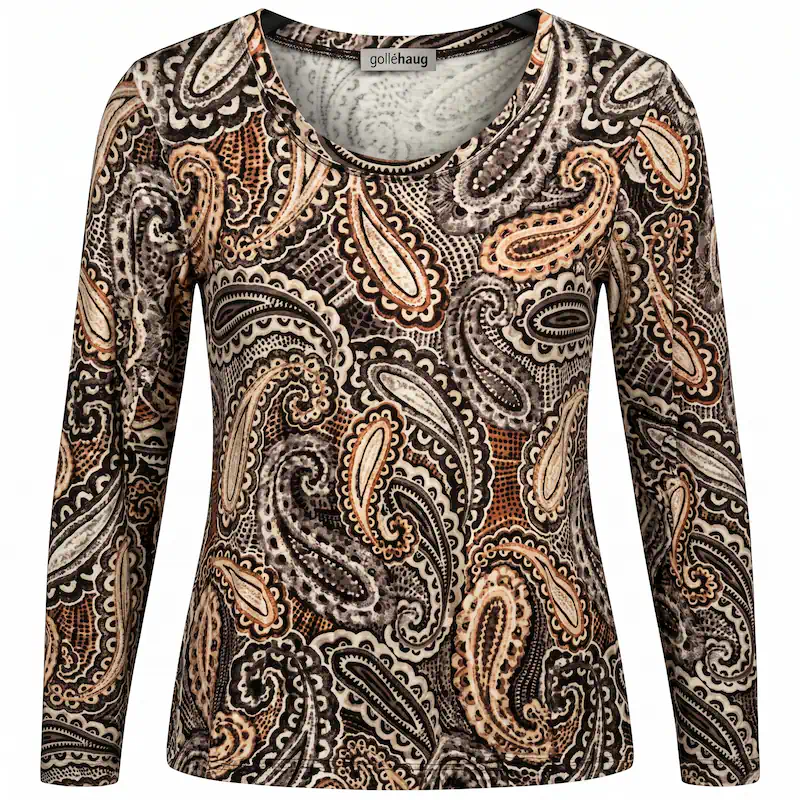 Golléhaug dames shirt met lange mouwen en paisleyprint in grijs beige en warme bruintinten met ronde hals