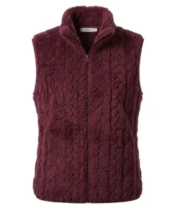 MXO dames teddy fleece bodywarmer in bordeauxrood met kabelstructuur, opstaande kraag en ritszakken