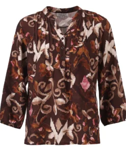 Enjoy dames blouse met driekwartmouwen en abstract paisley ikat dessin in donkerbruin, taupe en roze