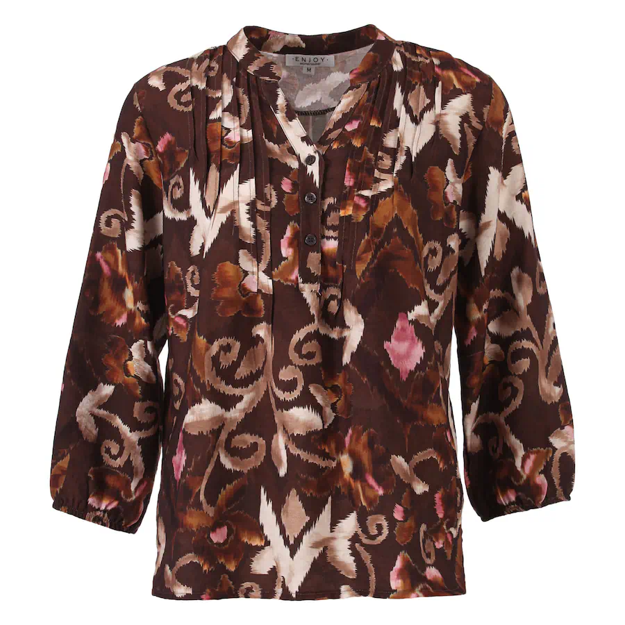 Enjoy dames blouse met driekwartmouwen en abstract paisley ikat dessin in donkerbruin, taupe en roze