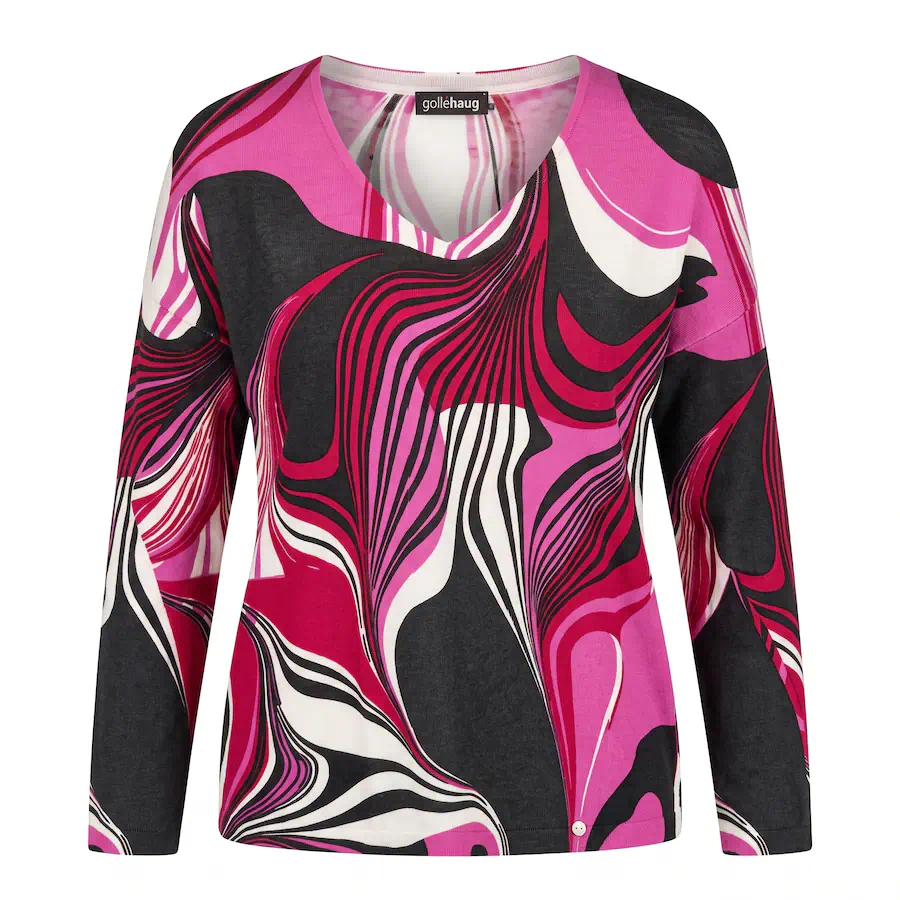 Gollehaug dames fijngebreide trui met golvend motief in roze tinten en V-hals uit de outlet collectie