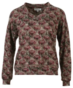 Enjoy dames sweater met V-hals en all-over bloemenprint in bordeauxrood en taupe met elastische boord