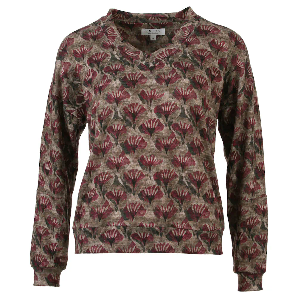 Enjoy dames sweater met V-hals en all-over bloemenprint in bordeauxrood en taupe met elastische boord