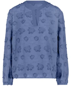 Betty Barclay dames blouse met lange mouwen en 3D franje reliëfstructuur in rafblauw met splitkraag