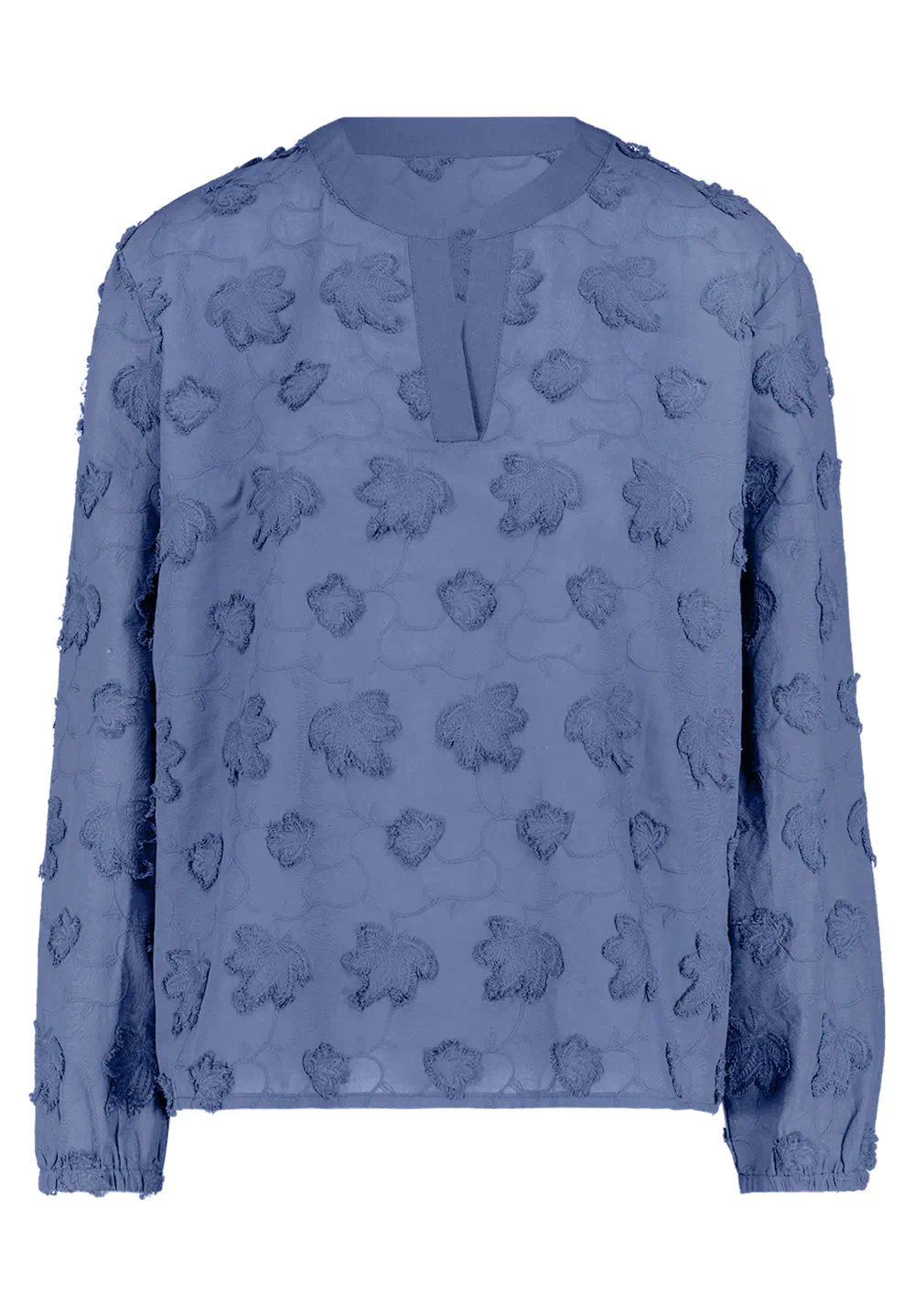 Betty Barclay dames blouse met lange mouwen en 3D franje reliëfstructuur in rafblauw met splitkraag