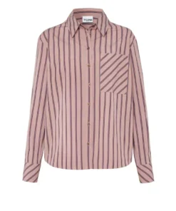 TONI dames blouse van katoen in oudroze met bordeaux en lichtblauwe strepen met reverkraag en borstzak