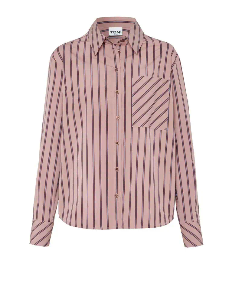 TONI dames blouse van katoen in oudroze met bordeaux en lichtblauwe strepen met reverkraag en borstzak