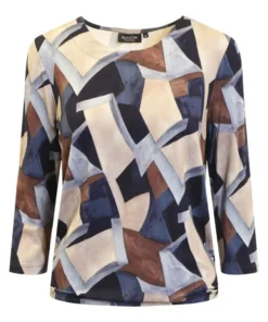 Signature dames blouson top met driekwartmouwen en grafisch dessin in blauw en taupe met elastische boord