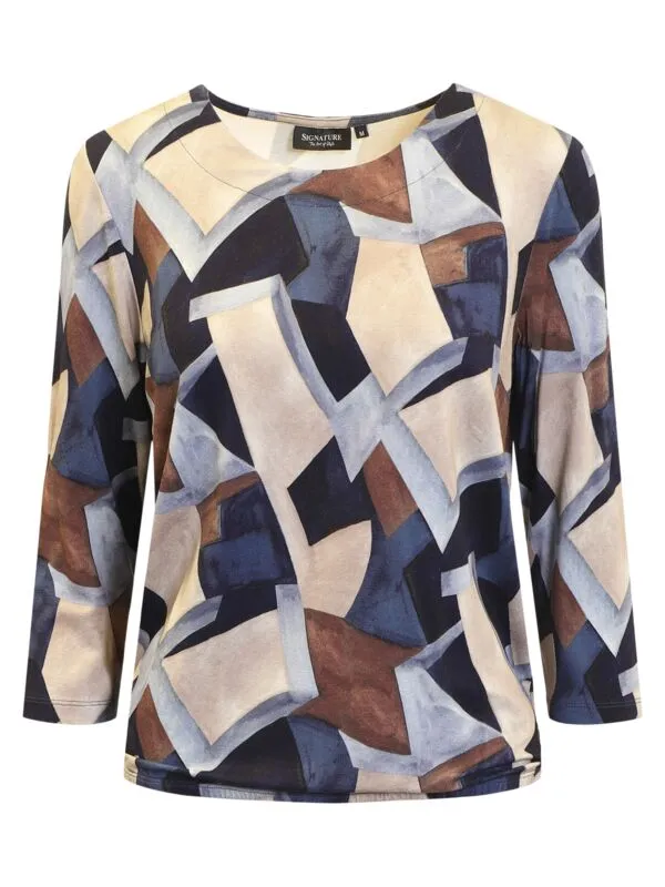 Signature dames blouson top met driekwartmouwen en grafisch dessin in blauw en taupe met elastische boord