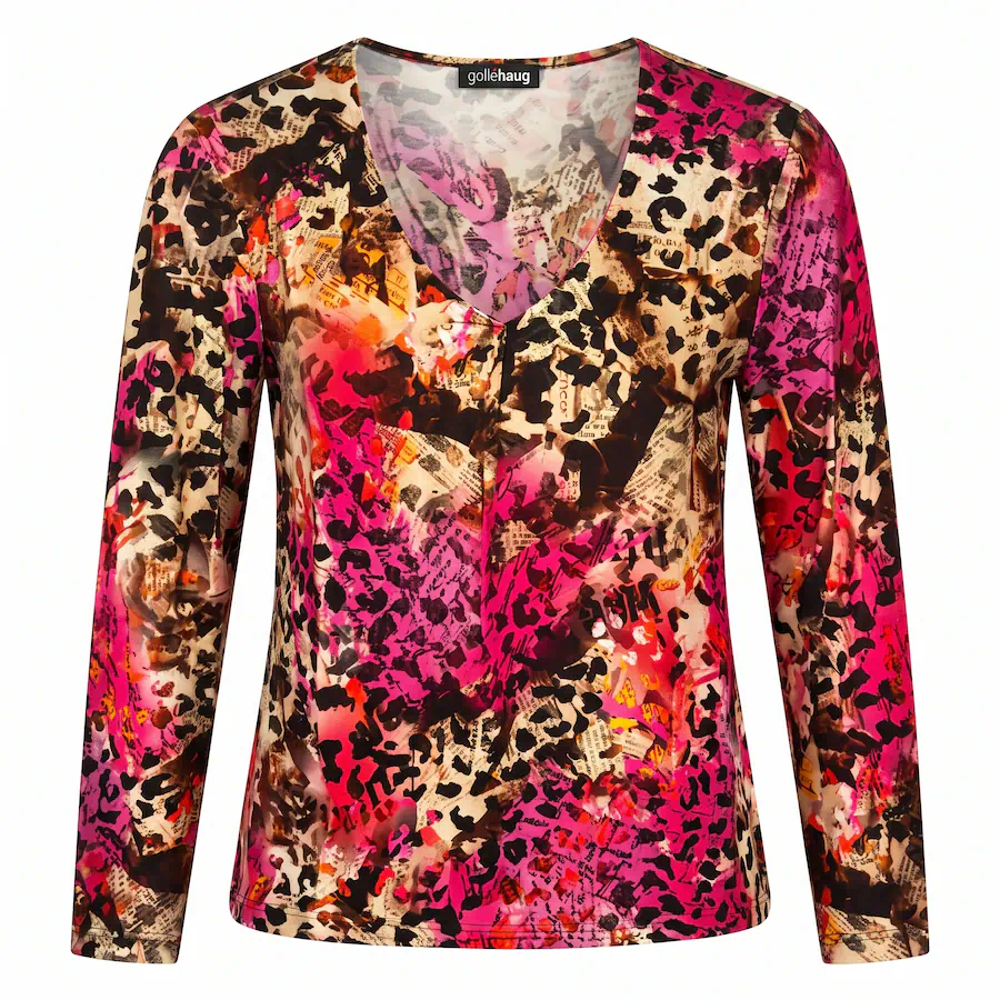 Gollehaug dames blouson met elastische zoom en V-hals in fuchsia panterdessin uit de outlet collectie