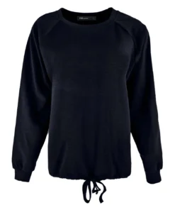 FOS Amsterdam dames trui Noor in donkerblauw navy met ronde hals, raglanmouwen en verstelbaar strikkoord in de zoom